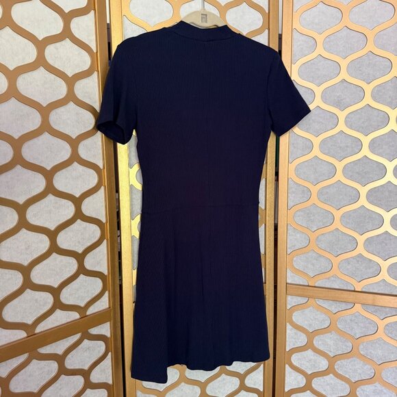 Reformation Size Large Navy Blue Ribbed Knit Mock Neck Short Sleeve Mini Dress - Picture 5 of 12
